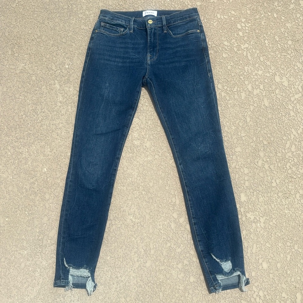 FRAME Jeans Le Skinny de Jeanne Distressed Ankle Fray Blue Denim Size 27